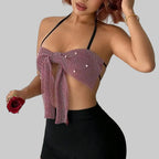 Rhinestone Sequin Bandage Halter Crop Top - Backless Party Tank