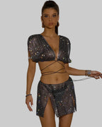 Rhinestone Crop Top & Skirt Set - Backless Festival Two-Piece