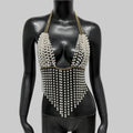 Pearl Chain V-Neck Halter Crop Top