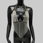 Pearl Chain V-Neck Halter Crop Top