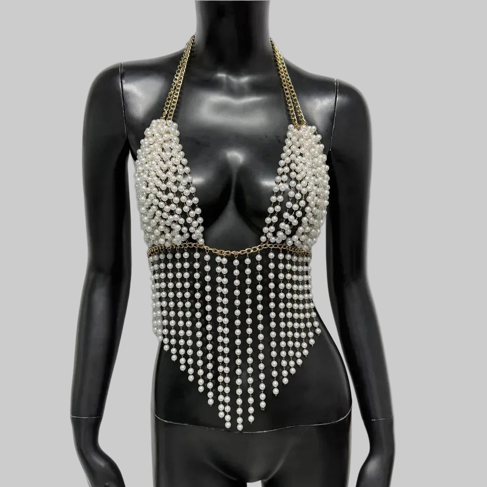 Pearl Chain V-Neck Halter Crop Top