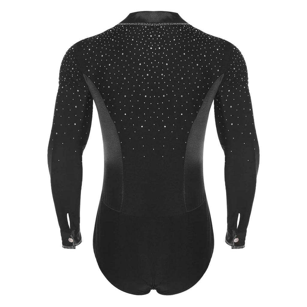 Men's Rhinestone Dance Leotard | V-Neck Lapel & Long Sleeve | Snap Crotch