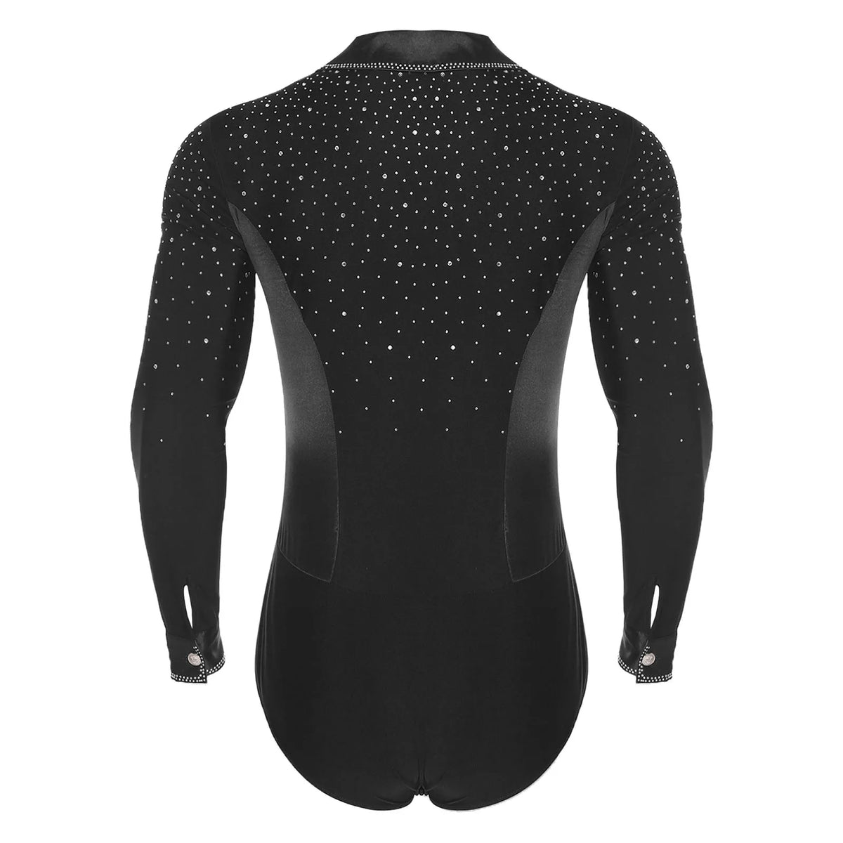 Men's Rhinestone Dance Leotard | V-Neck Lapel & Long Sleeve | Snap Crotch