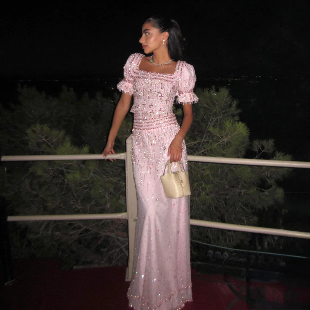 Crystal Two-Piece A-Line Gown | Puff Sleeves | Square Neck