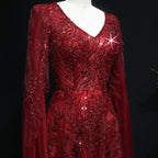 Beaded Wine Red A-Line Gown | V-Neck Cap Sleeve | Sweep Train