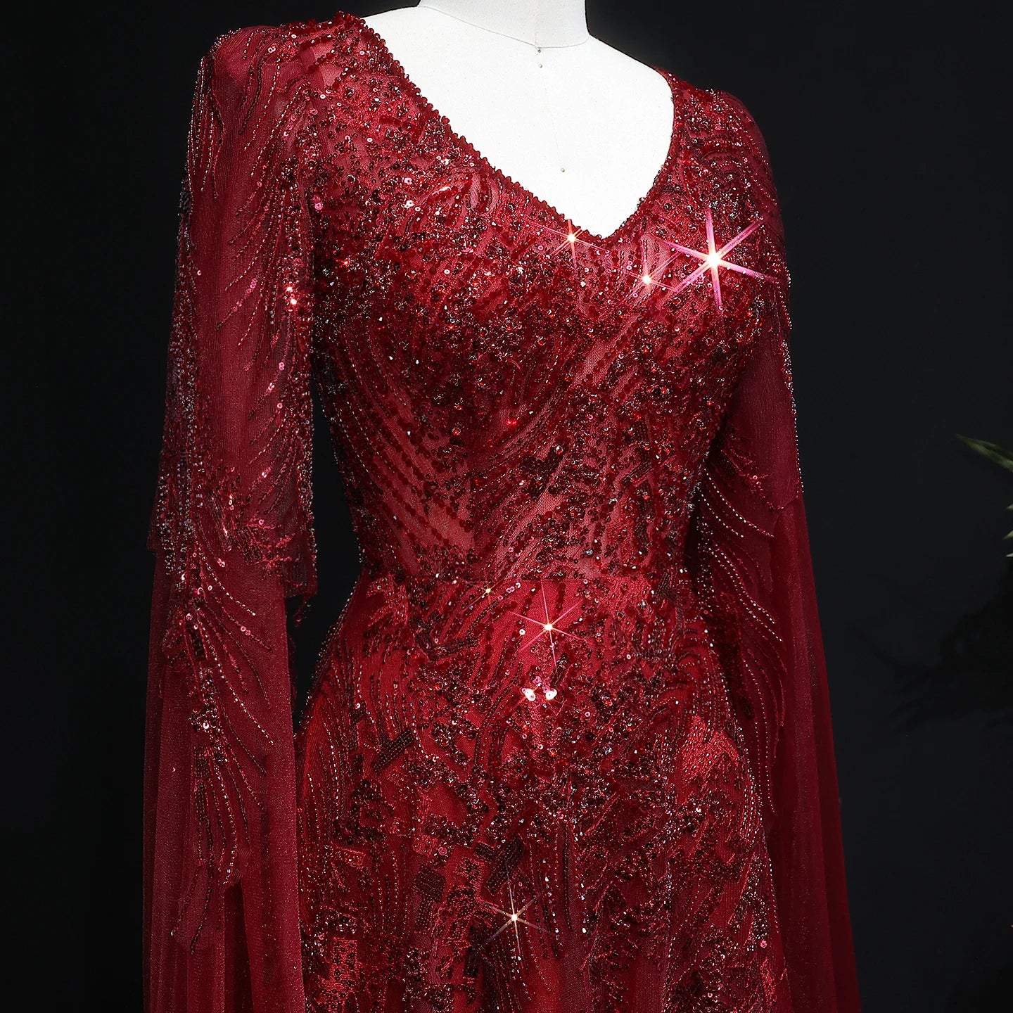 Beaded Wine Red A-Line Gown | V-Neck Cap Sleeve | Sweep Train
