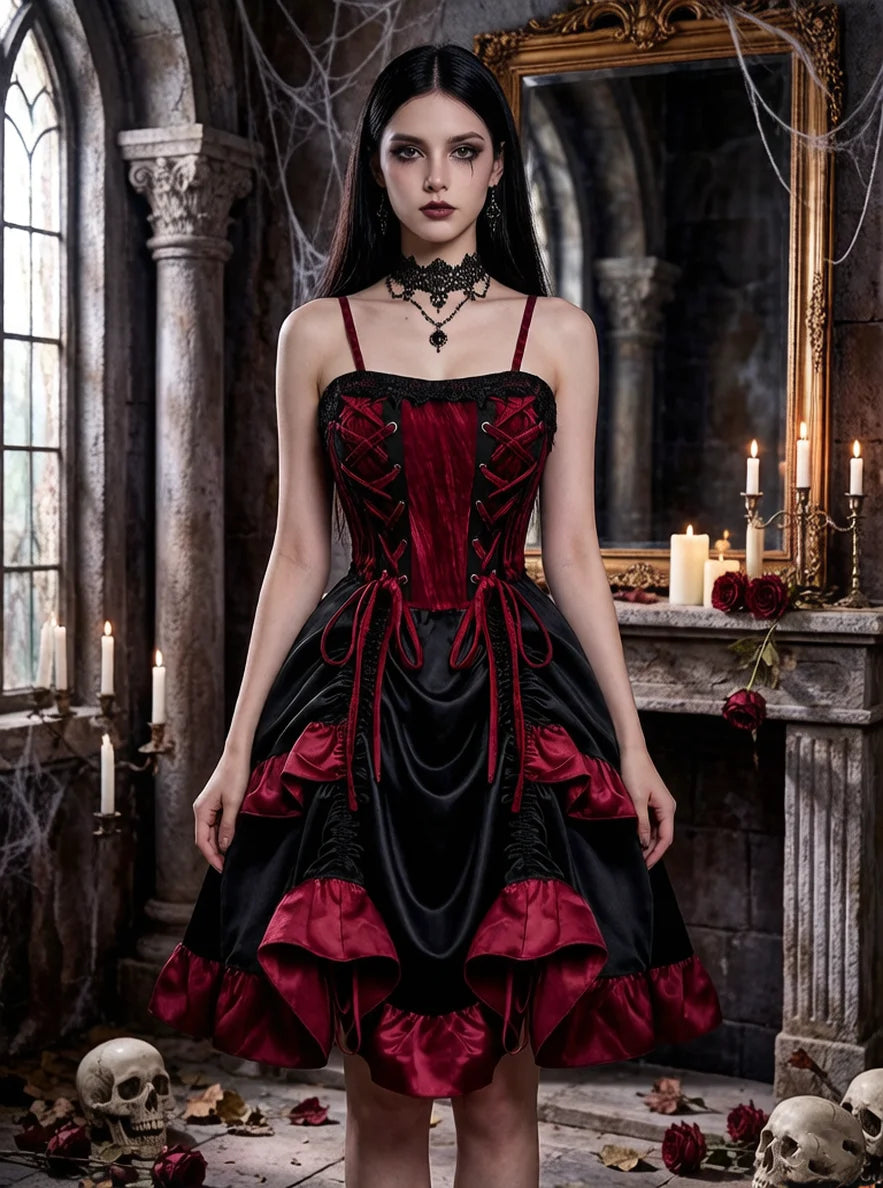 Gothic Ruffle Dress | Lace-Up Layered | Deep Red | S-XXXL