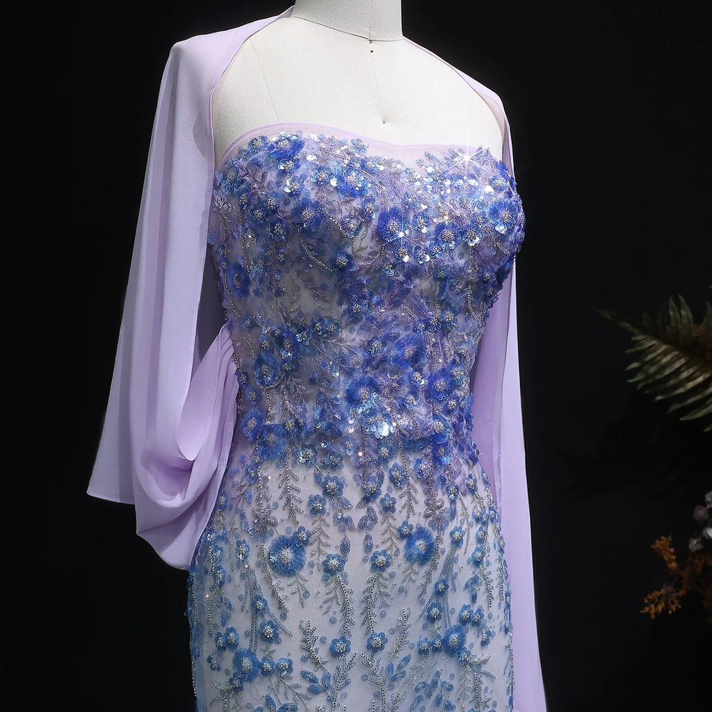 Beaded Lilac Mermaid Gown | Floral Appliqué Cape | Strapless