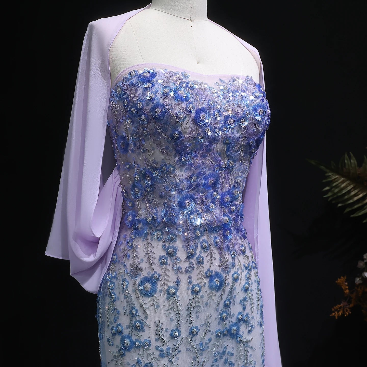 Beaded Lilac Mermaid Gown | Floral Appliqué Cape | Strapless