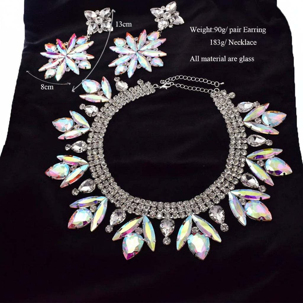 Rhinestone Necklace & Earring Set | Fuchsia, AB Silver | Stage & Bridal