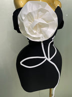 Off-Shoulder Bandage Mini Dress | 3D Rose Appliqué | Black