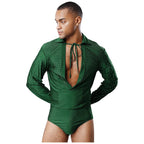 Men's Rhinestone Deep V-Neck Dance Bodysuit | Long Sleeve & Snap Crotch | Latin & Jazz