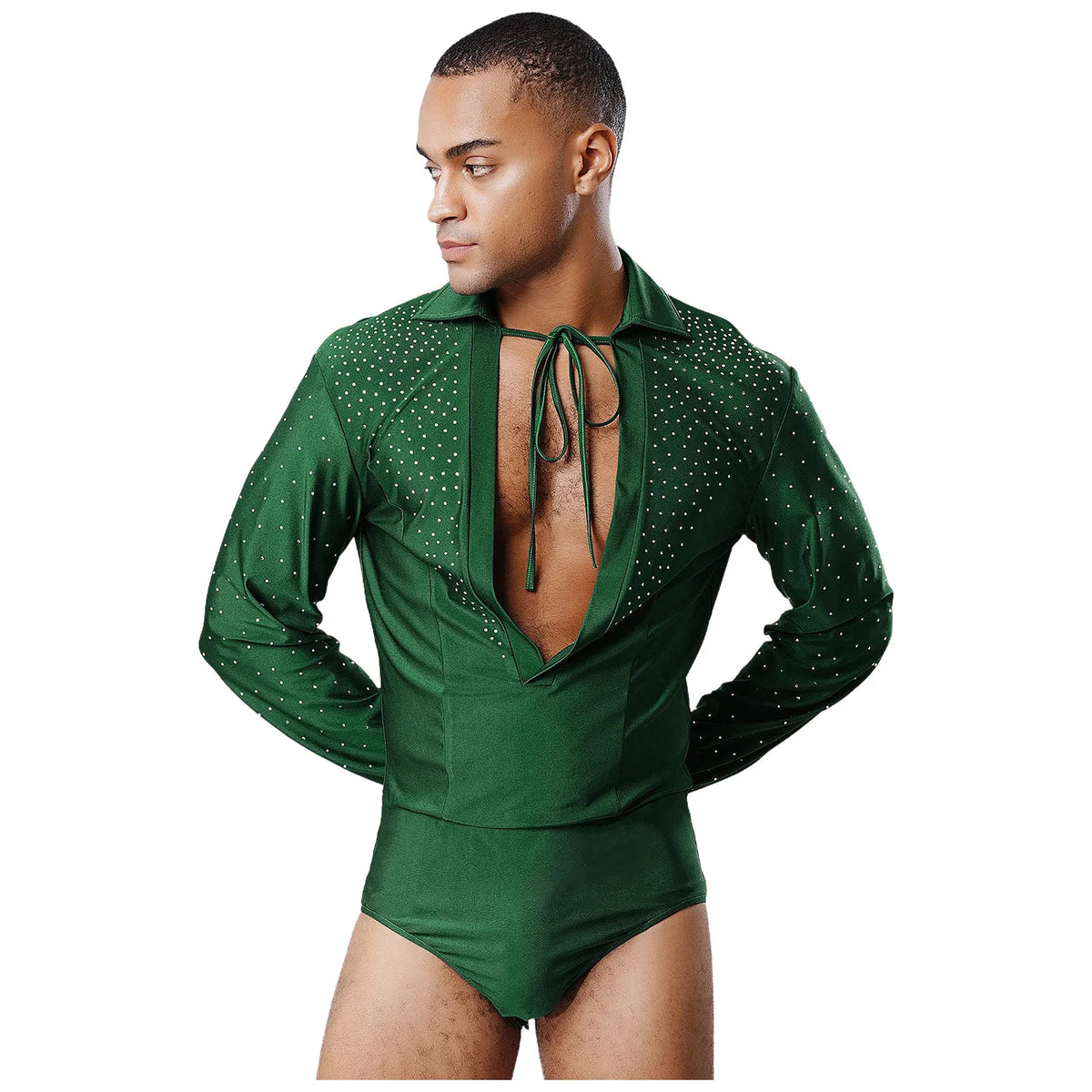 Men's Rhinestone Deep V-Neck Dance Bodysuit | Long Sleeve & Snap Crotch | Latin & Jazz