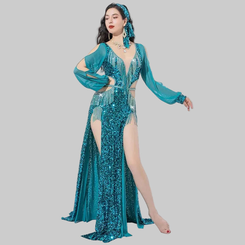 Egyptian Baladi Dress - Sequined Belly Dance Costume Set