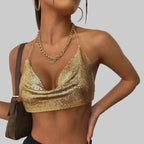 Metallic Glitter Halter Crop Top - Backless Corset Tank