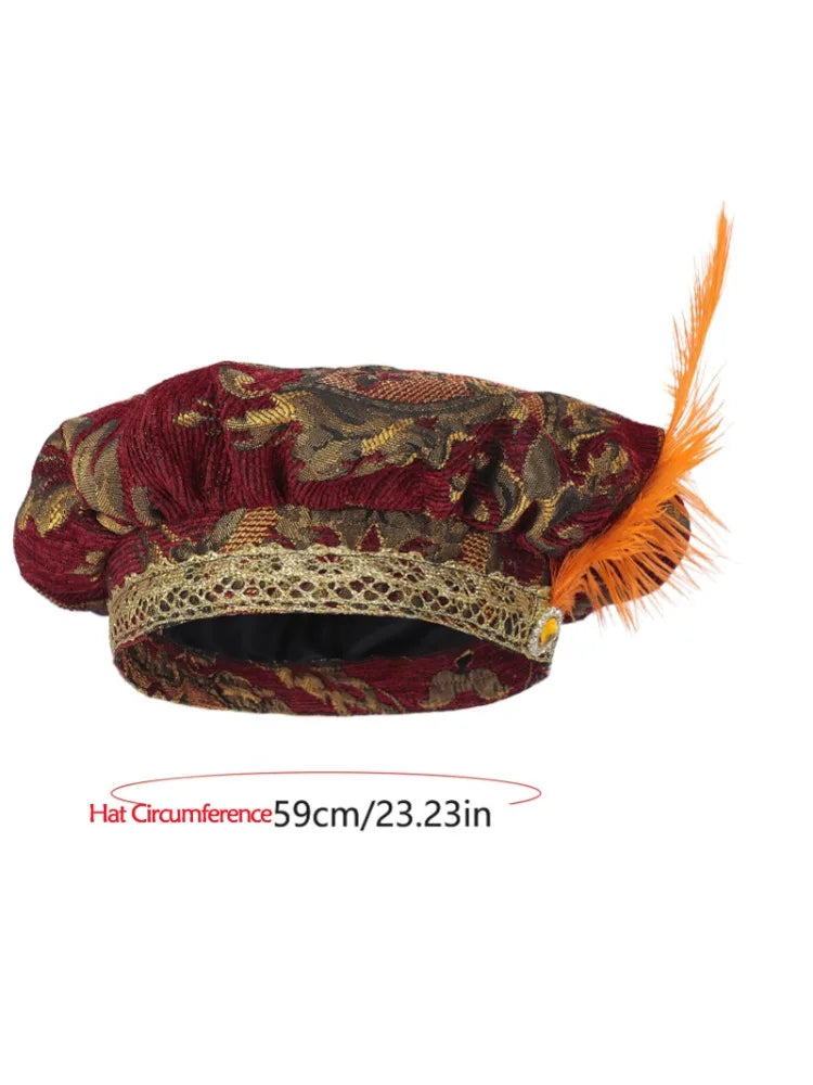 Medieval Feathered Beret Hat | Jacquard Court Cap | Cosplay