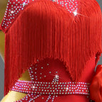 Red Rhinestone Latin Dance Dress with Flowers & Tassel Details