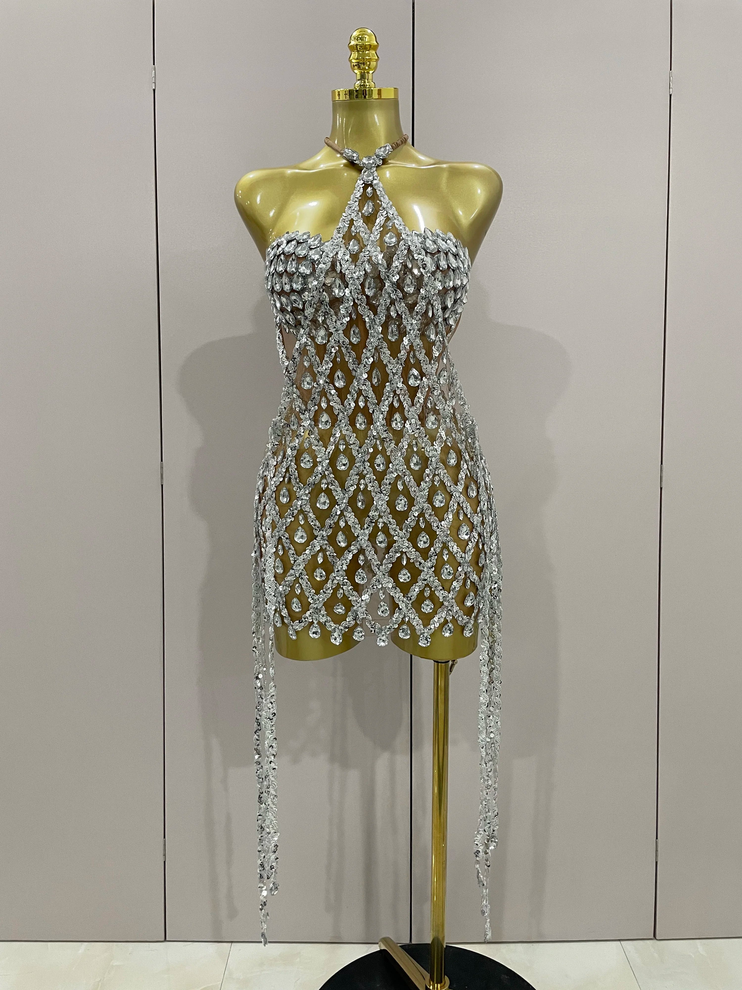 Beaded Fringe Lattice Two-Piece Set | Bra & Mini Skirt | Belly Dance