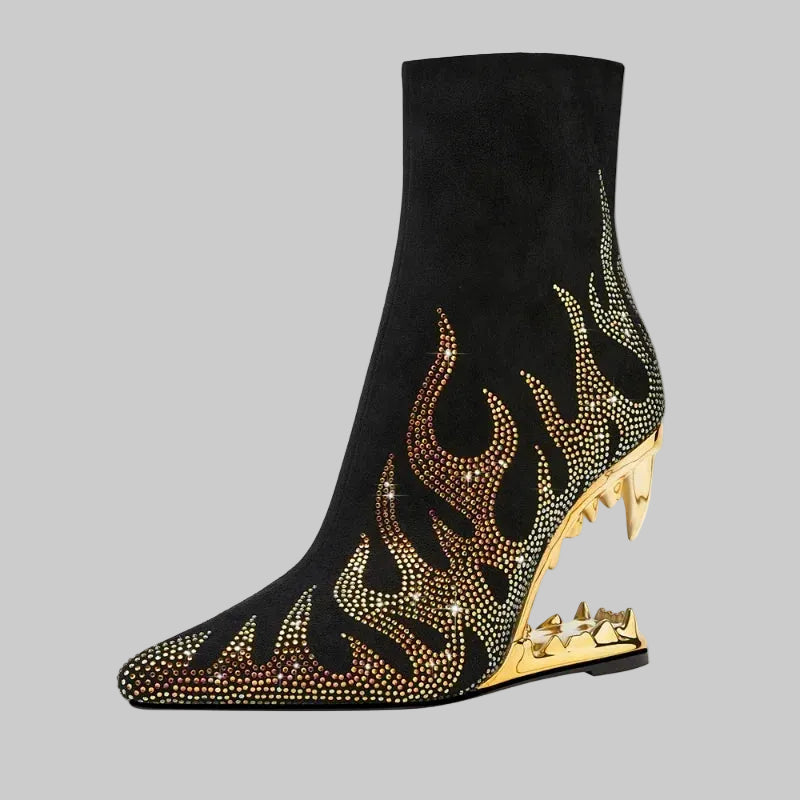 Flame Rhinestone Velvet Ankle Boots - Crystal Wedge Heel Boots