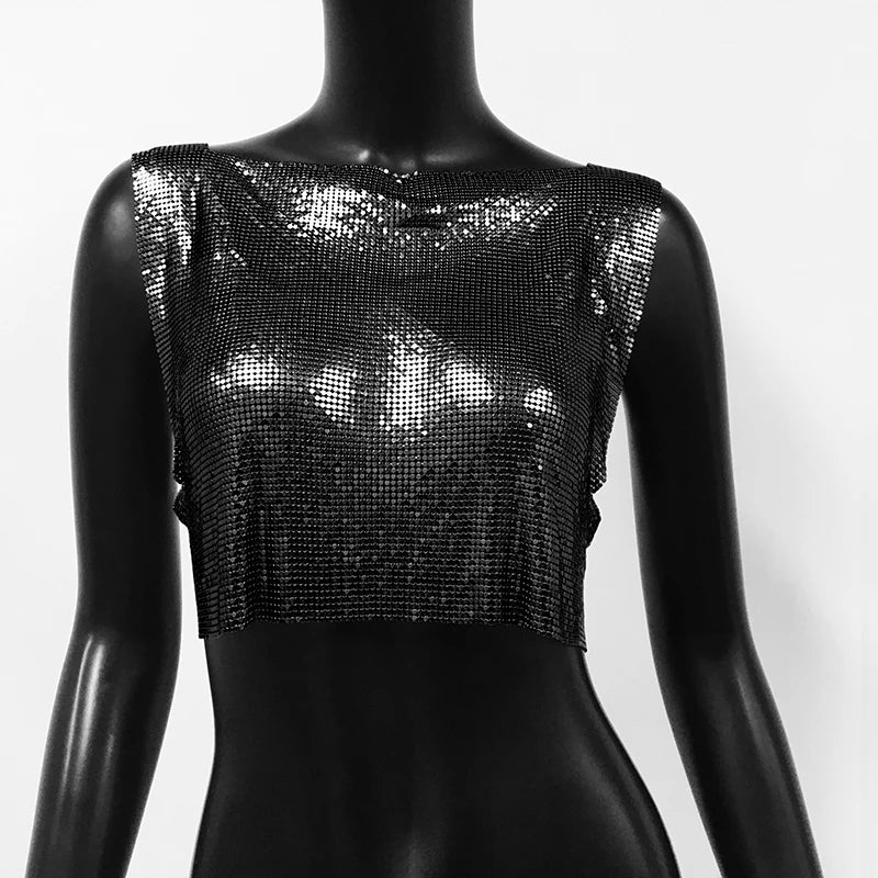 Handmade Metal Sequin Backless Crop Top
