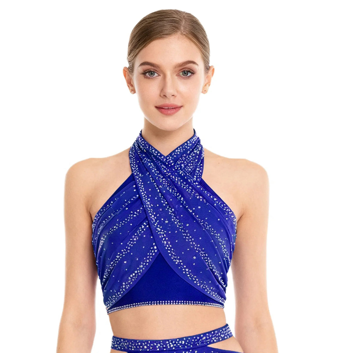 Women's Rhinestone Cross-Halter Dance Crop Top | Backless & Ruched Mesh | Latin & Salsa
