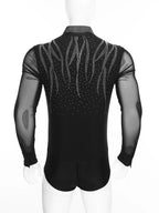 Men's Sheer Mesh Long Sleeve Bodysuit | Deep V Rhinestone | Latin Ballroom Dance
