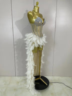 Rhinestone Feather Train Bodysuit | Stage Dress | S–XL