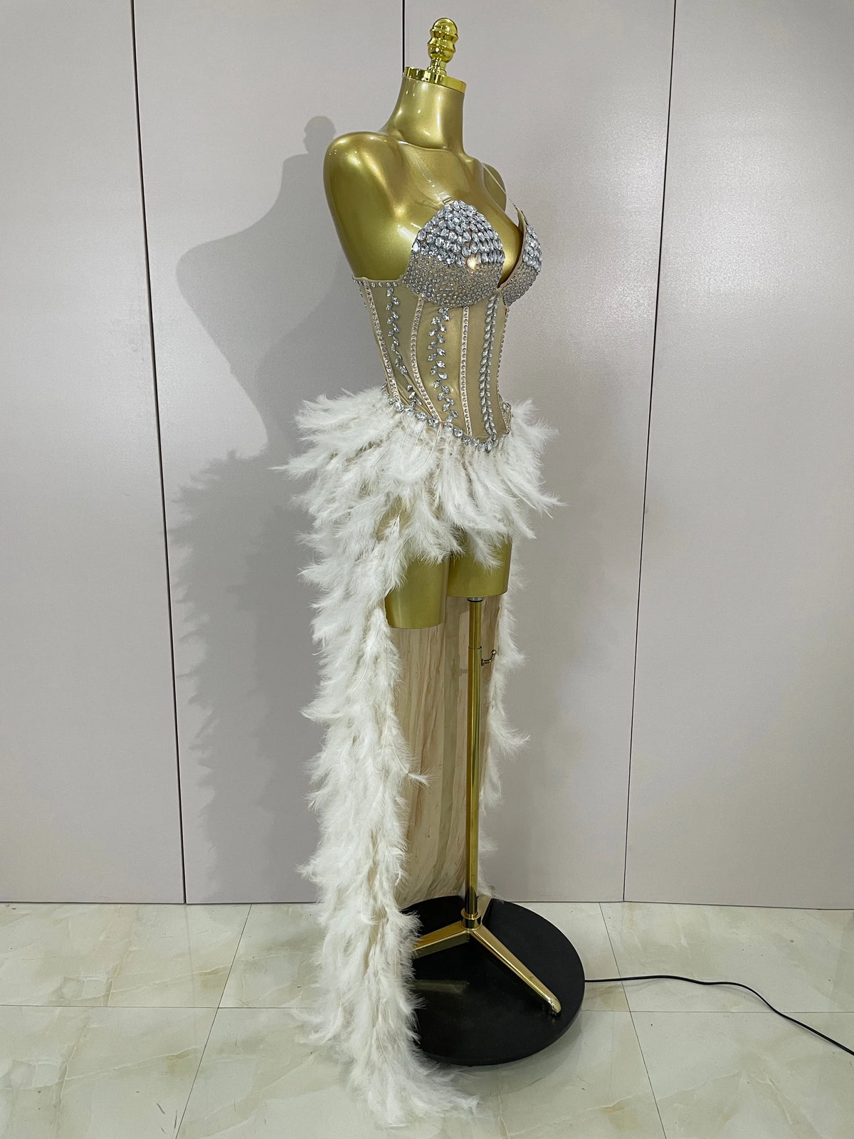 Rhinestone Feather Train Bodysuit | Stage Dress | S–XL