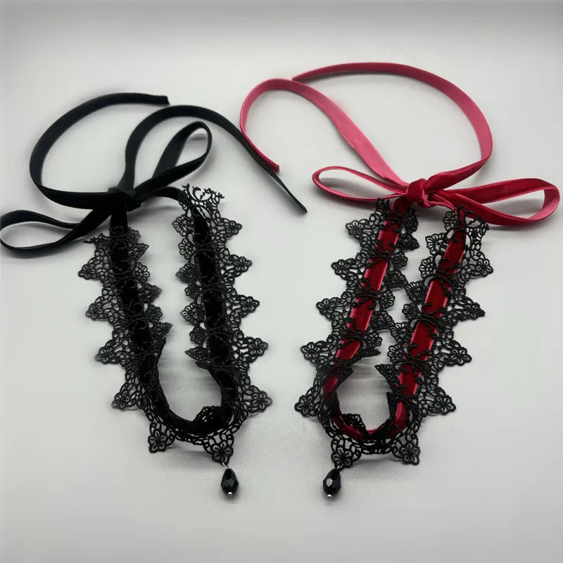 Lace Choker | Velvet Bow & Drop Pendant | Gothic