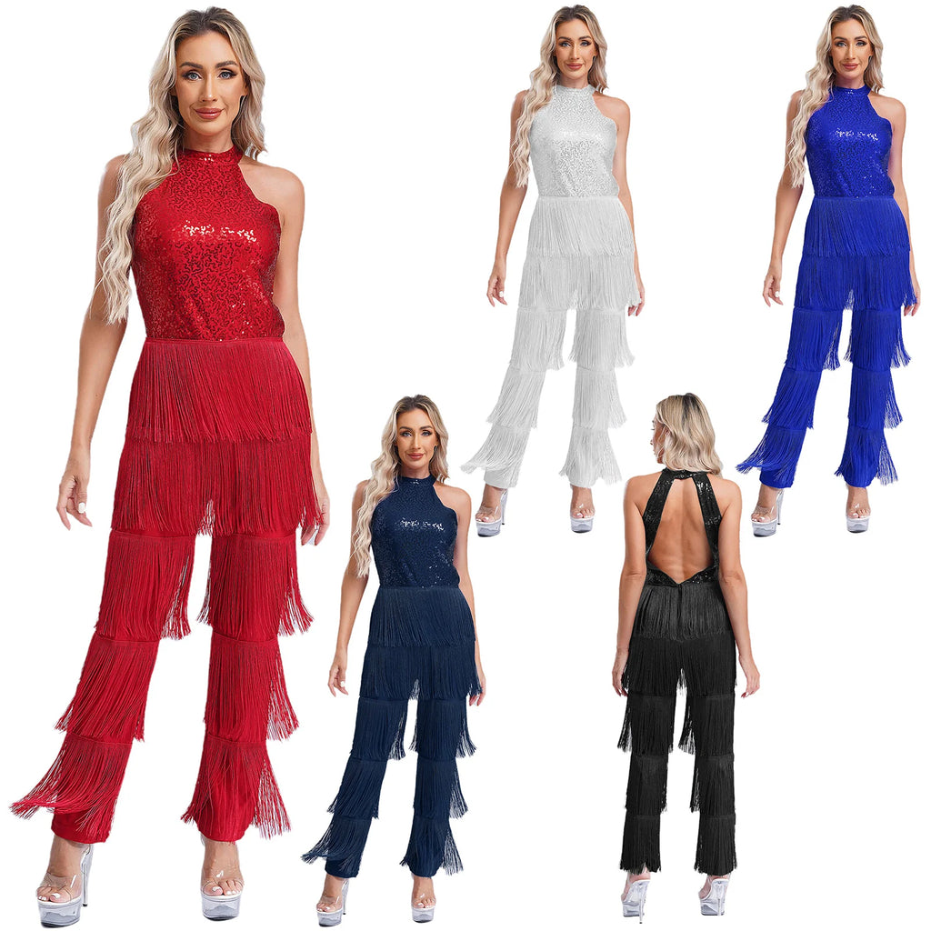 Sequin Tassel Jumpsuit | Halter Neck | Latin Dance