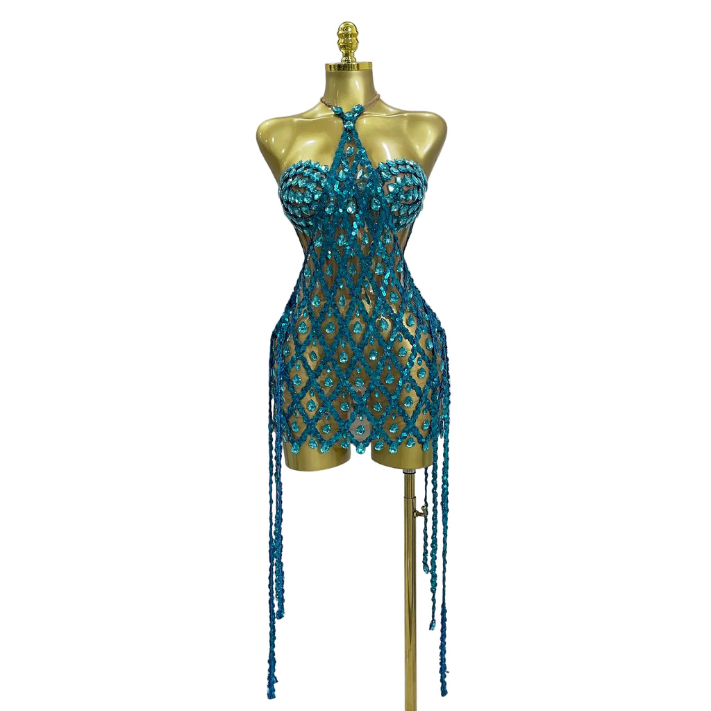 Beaded Fringe Lattice Two-Piece Set | Bra & Mini Skirt | Belly Dance