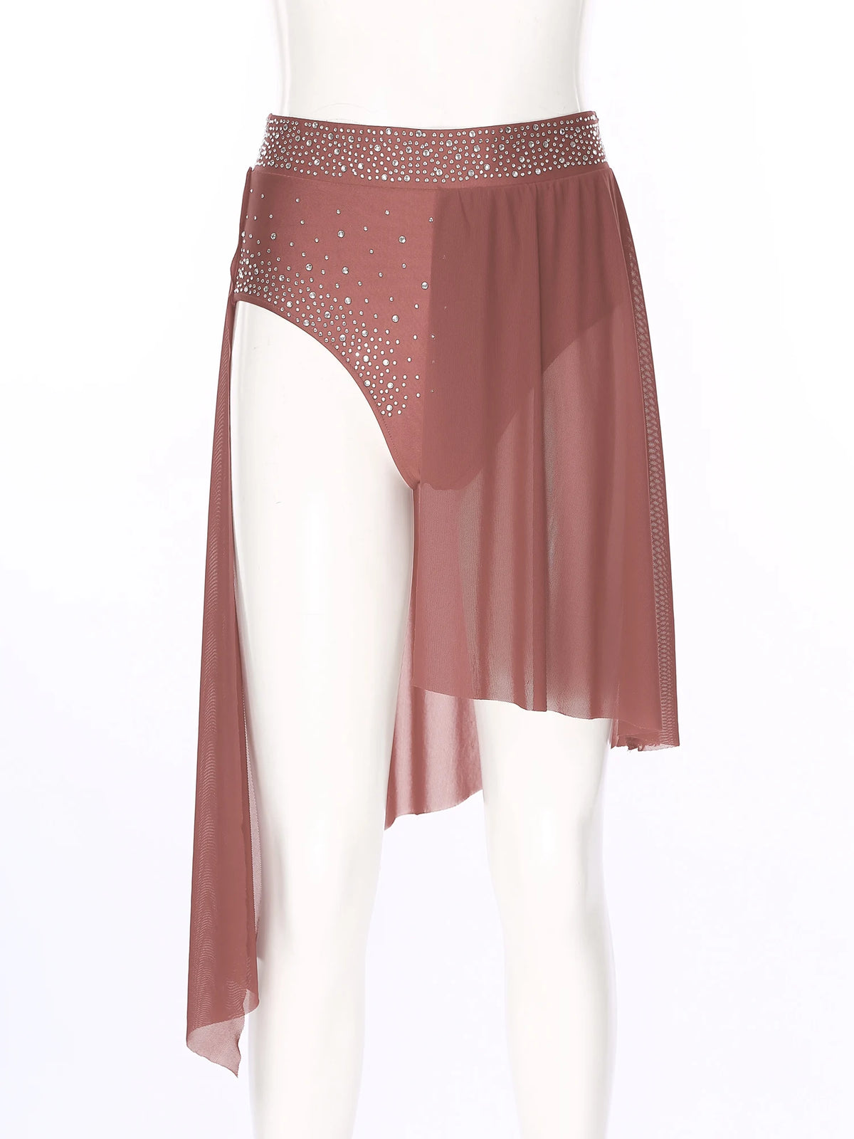 Rhinestone Mesh Dance Skirt | Asymmetric Hem | Built-In Briefs