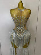 Silver Diamond Tassel Bodysuit | Sequin Mesh | S–XL