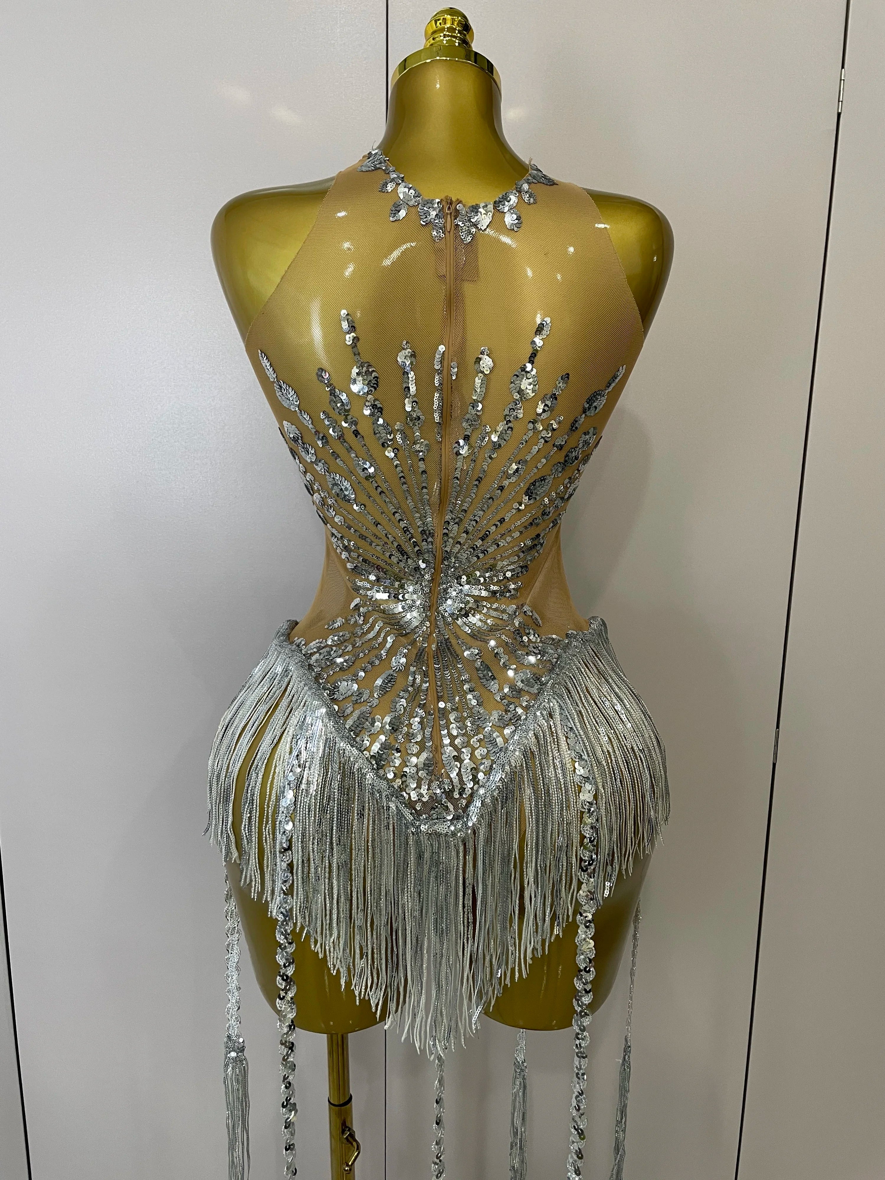 Silver Diamond Tassel Bodysuit | Sequin Mesh | S–XL