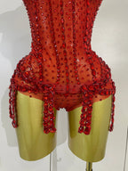 Rhinestone Harness Bodysuit | Garter Straps | Red