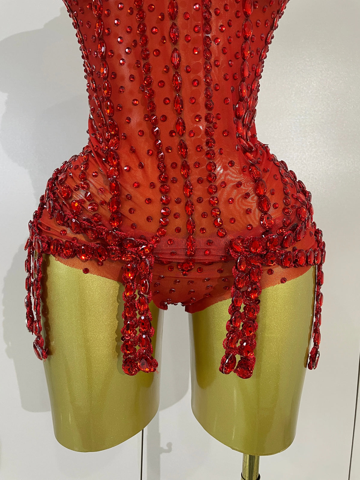 Rhinestone Harness Bodysuit | Garter Straps | Red