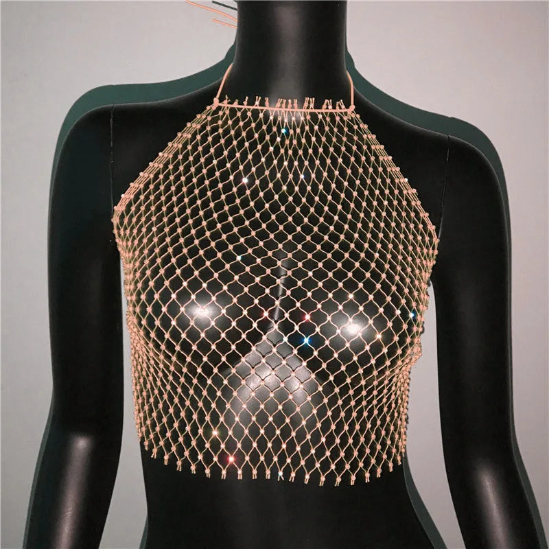 Rhinestone Fishnet Halter Crop Top - Backless Sheer