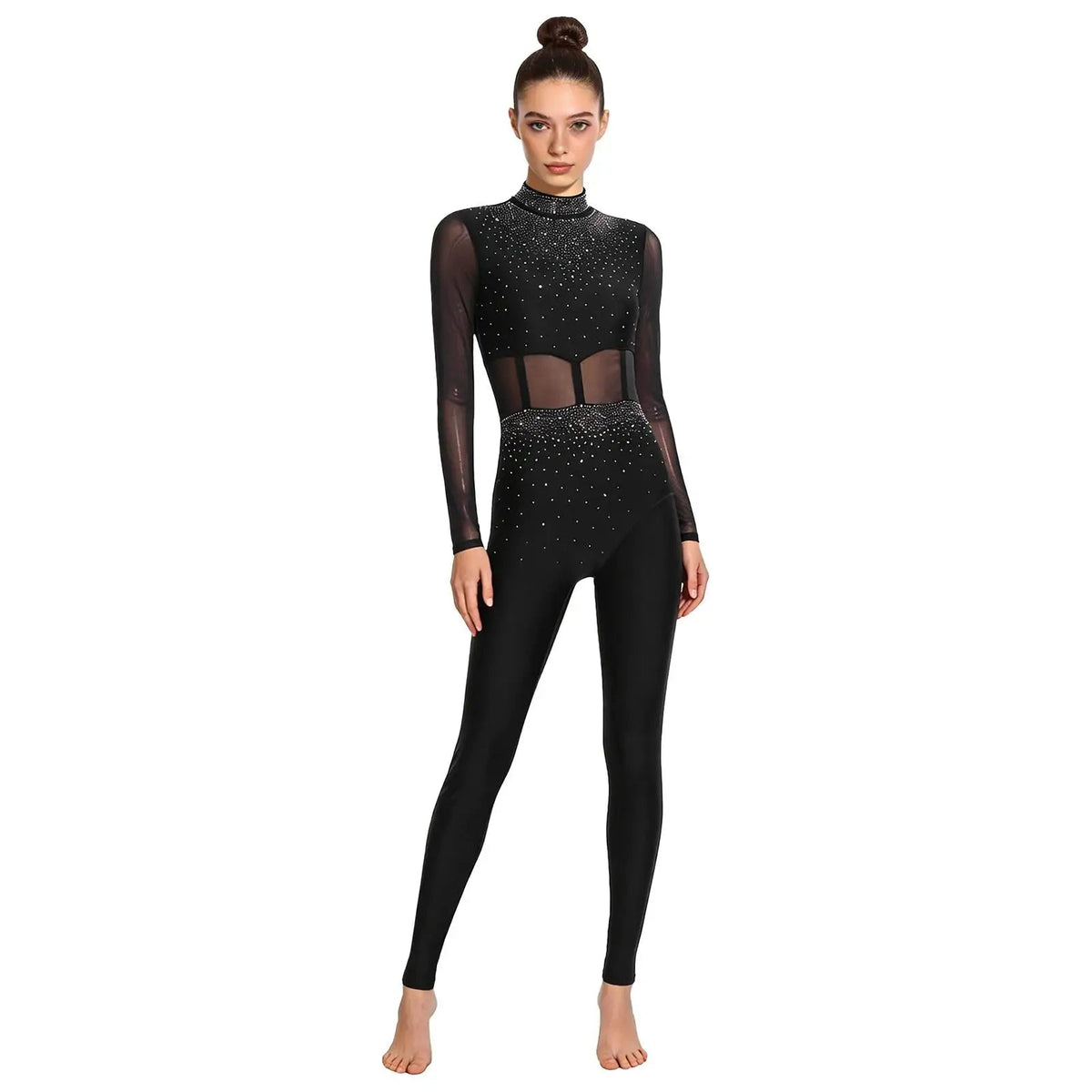 Women's Rhinestone Sheer Mesh Dance Jumpsuit | Mock Neck & One-Shoulder Styles | Gymnastics & Performance