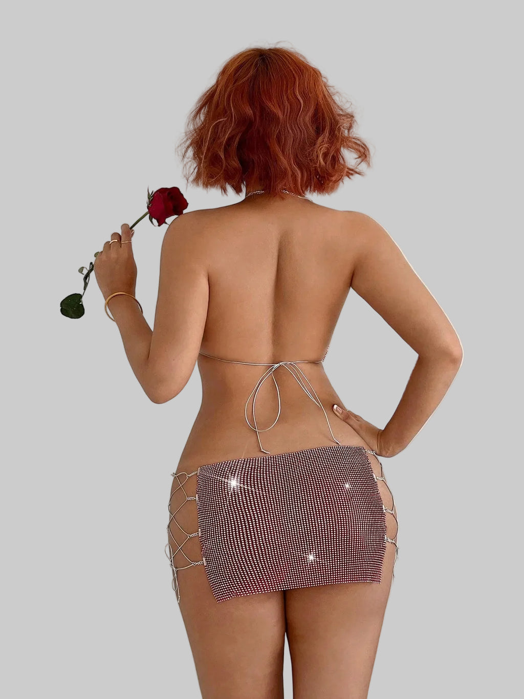 Rhinestone Backless Top & Mini Skirt Set - 2-Piece Festival Outfit