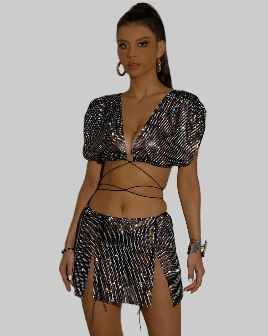 Rhinestone Crop Top & Skirt Set - Backless Festival Two-Piece