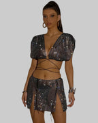 Rhinestone Crop Top & Skirt Set - Backless Festival Two-Piece