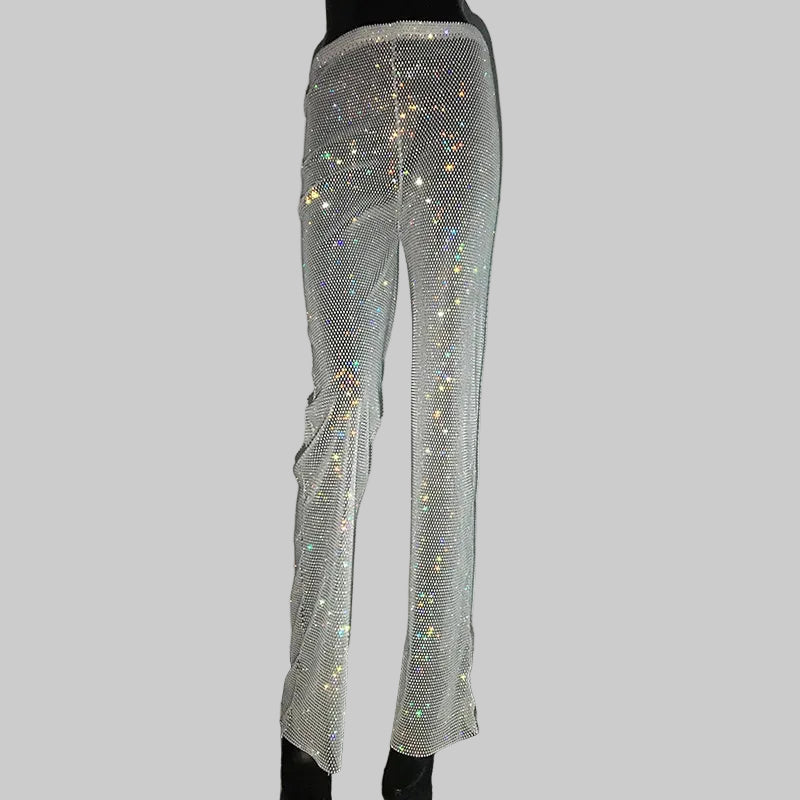 Rhinestone Fishnet Pants - Sheer Crystal Party Trousers