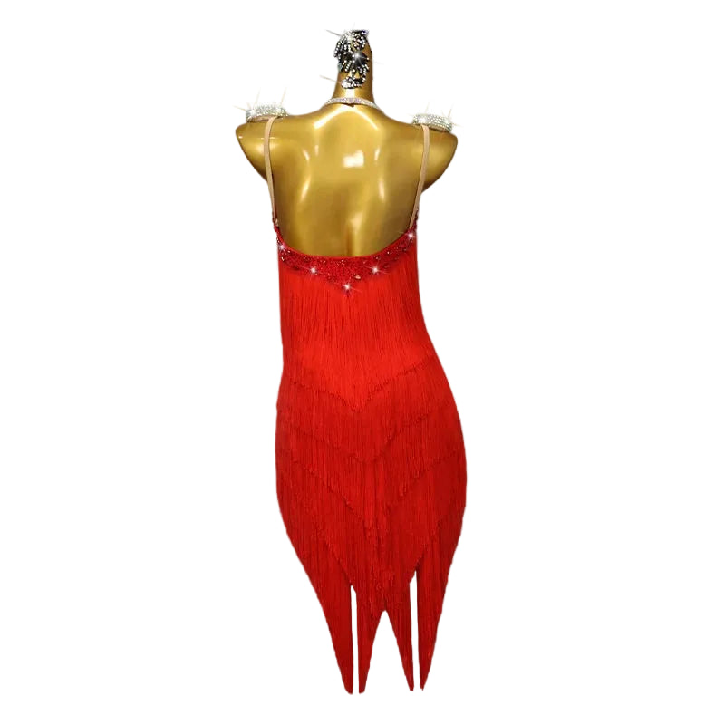Red Latin Dance Dress – Rhinestone Crystal Tassel Performance Gown
