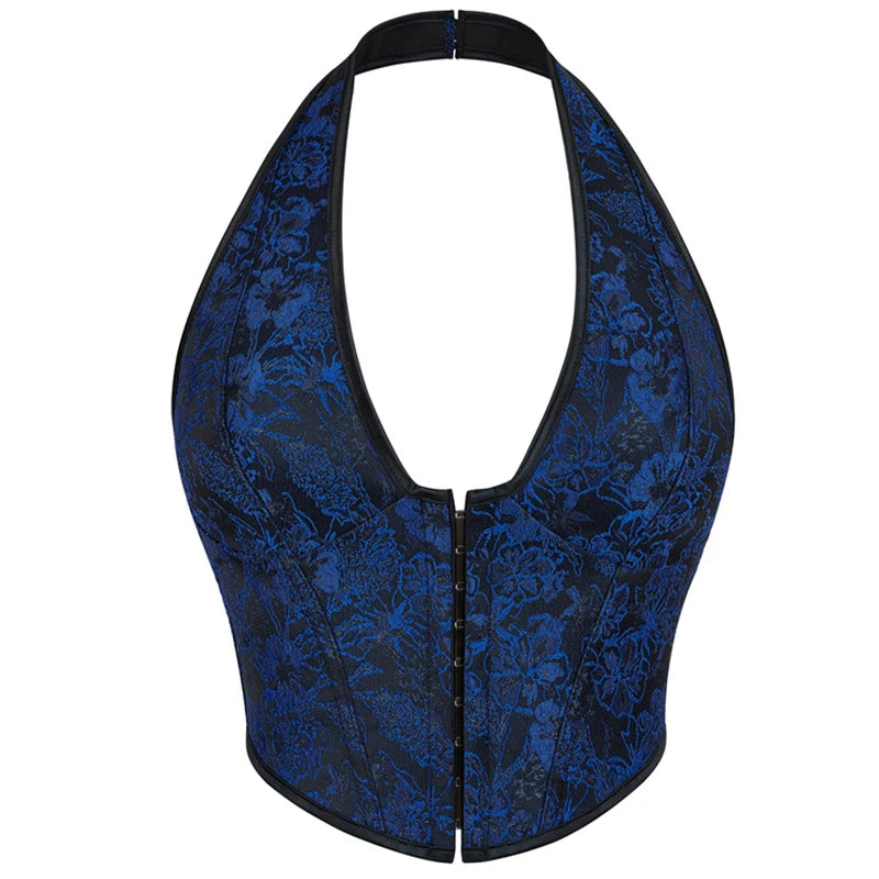 Gothic Halter Corset Top | Floral Jacquard | Zip Front
