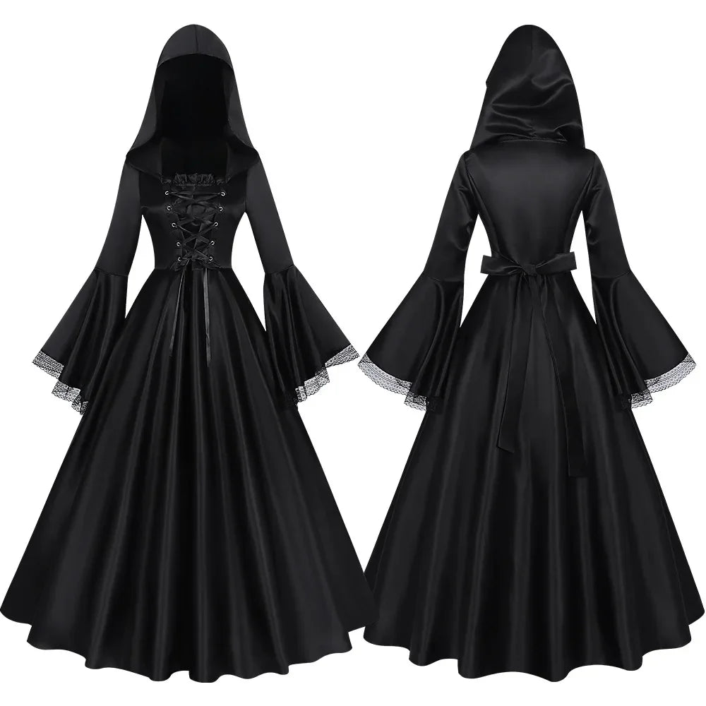 Gothic Hooded Witch Gown | Corset Lace-Up | Bell Sleeve Maxi Dress