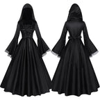 Gothic Hooded Witch Gown | Corset Lace-Up | Bell Sleeve Maxi Dress