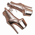 8-Inch Snakeskin Electroplate Platform Ankle Boots - Metallic High Heel Performance Boots