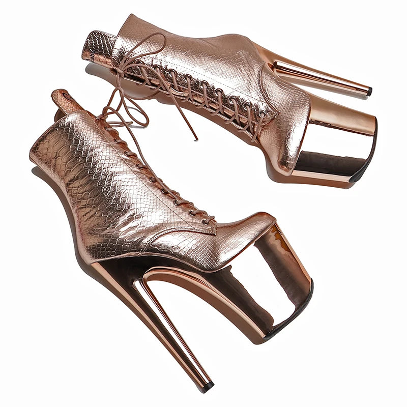 8-Inch Snakeskin Electroplate Platform Ankle Boots - Metallic High Heel Performance Boots