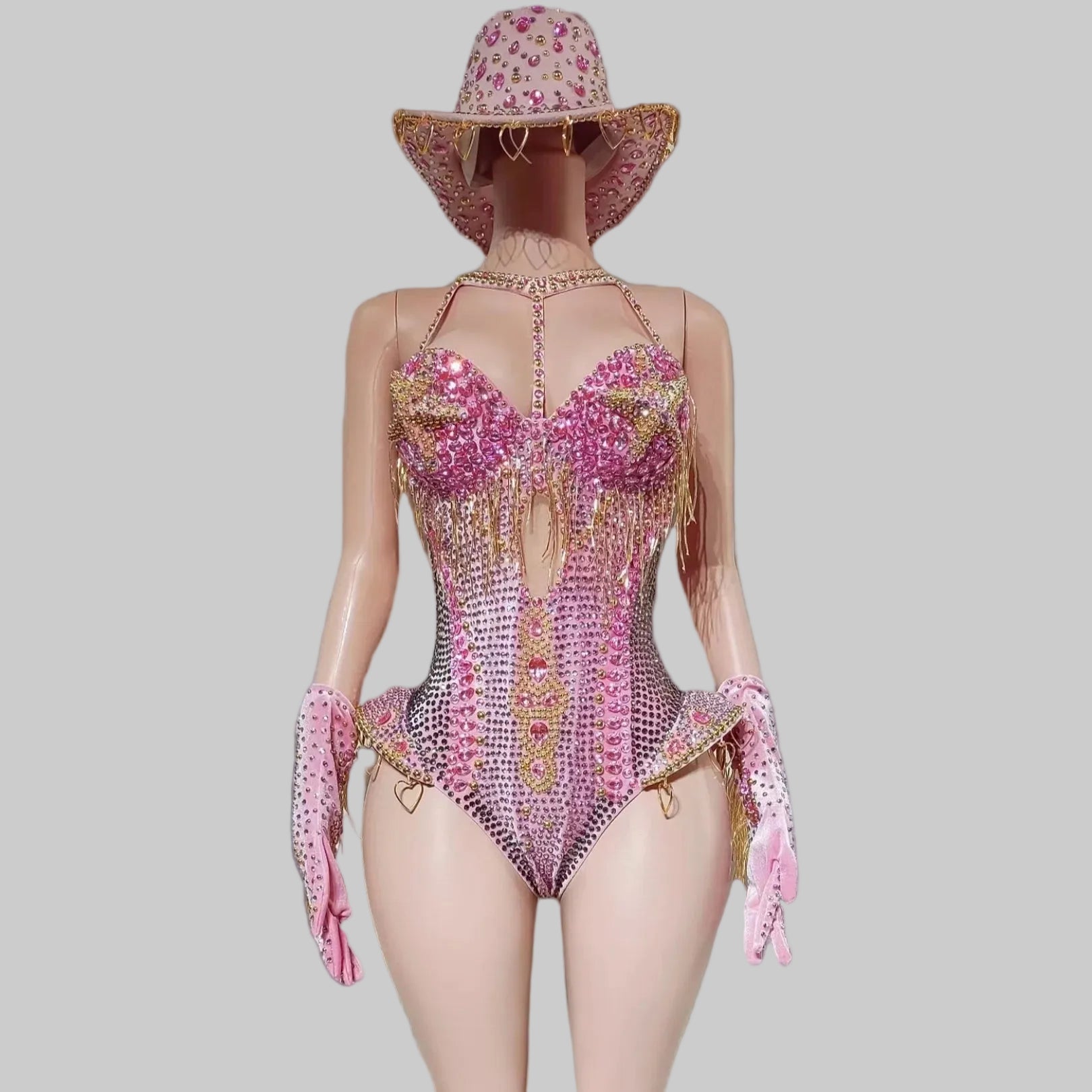 Rhinestone Bodysuit 4-Piece Set - Sparkly Showgirl Outfit with Flare Pants & Crystals