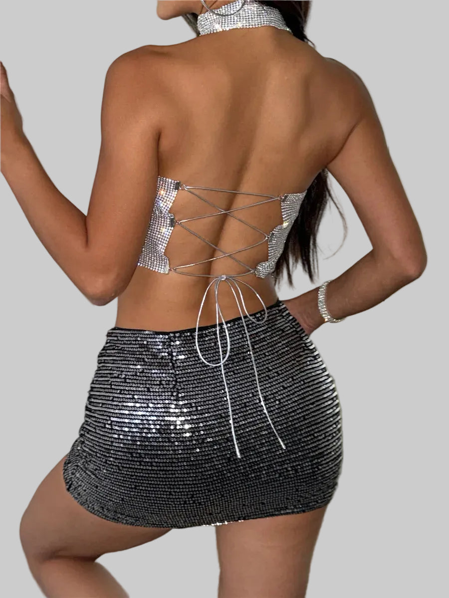 Rhinestone Halter Neck Crop Top - Backless Bandage Party Camisole